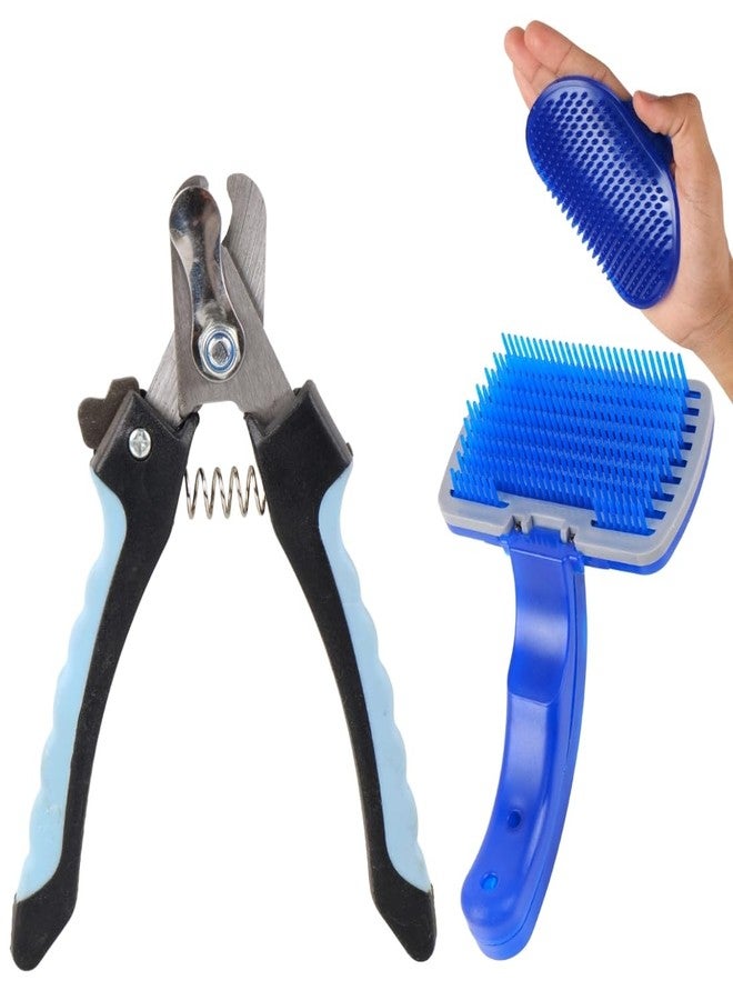 مجموعة أدوات العناية الاحترافية بالحيوانات الأليفة، تتضمن مقص أظافر للكلاب وفرشاة تنظيف ذاتي، باللونين الأزرق والأسود، قطعتان (عبوة من 3 قطع) - Image 1